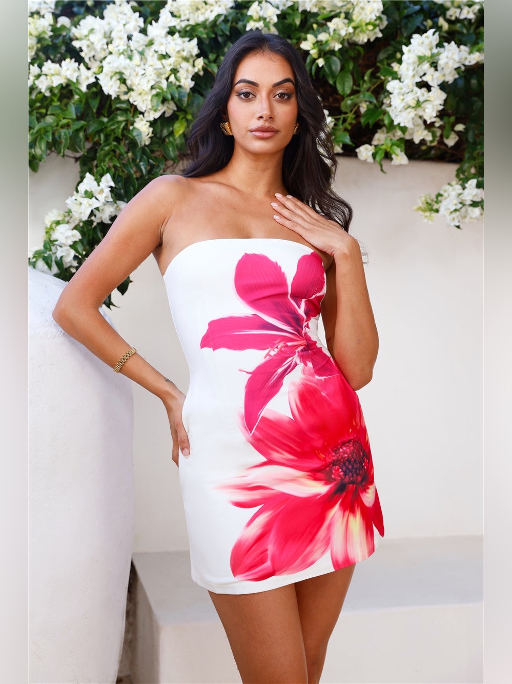 Revolve RNWY White Strapless Mini Dress with Bold Pink Floral Print Sz M